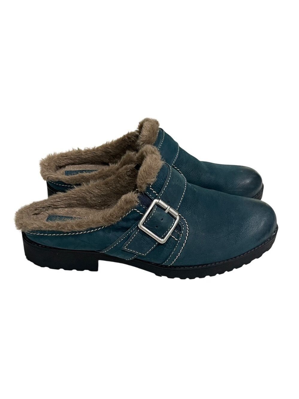 Naturalizer Ernesta Leather Clog Faux Fur Lined SZ 9 WIDE Teal Blue